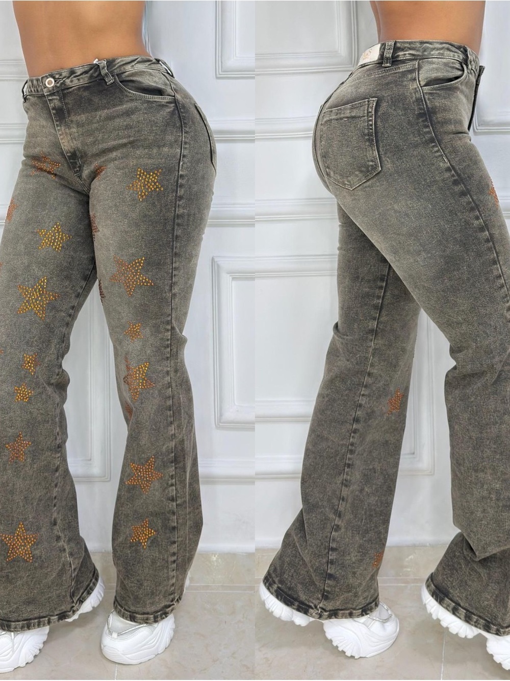 Colombian Studded Star High-Waist Flared Jeans - Gray